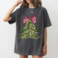Retro Christmas Tree Shirt, Pink Bow Christmas Tree T-Shirt, Adorable Coquette Holiday Tee, Festive Tree Graphic T-Shirt, Xmas Present for Women