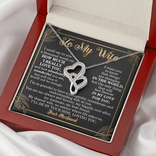 CZ Eternal Bond Heart Pendant, Double Heart Necklace for Wife, 14K White Gold Stainless Steel Necklace, Christmas Anniversary
