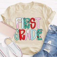 Custom Holiday Font 1st Grade Tee, Personalized First Grade Christmas Shirt, Teacher Student Xmas T-Shirt, Christmas Grade Shirt