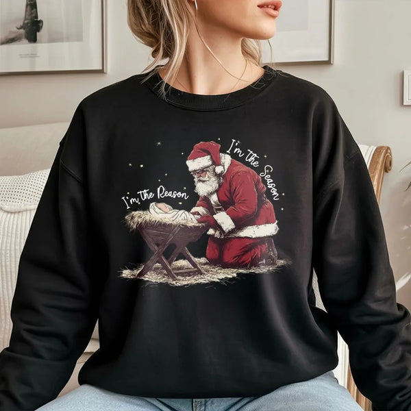 Kneeling Santa Sweatshirt, Jesus Is the Reason for the Season Sweatshirt, Christian Christmas Crewneck