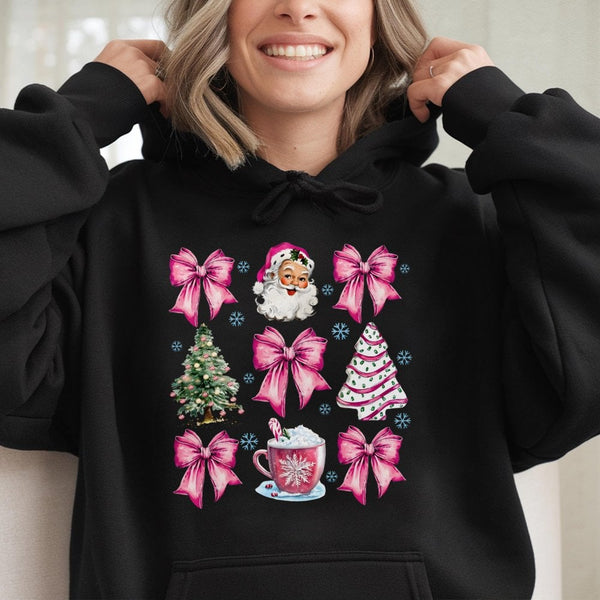 Adorable Coquette Bow Holiday Hoodie, Pink Santa Christmas Hoodie, Aesthetic Retro Santa Claus Hoodie, Festive Winter Sweatsh