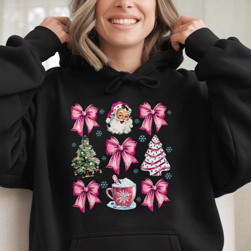 Adorable Coquette Bow Holiday Hoodie, Pink Santa Christmas Hoodie, Aesthetic Retro Santa Claus Hoodie, Festive Winter Sweatshirt, Present for Her