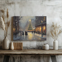 Snowy European City Wall Art, Victorian Christmas Street Scene Canvas, Festive Winter Oil Painting Print, Holiday Christmas Tree Canvas Art