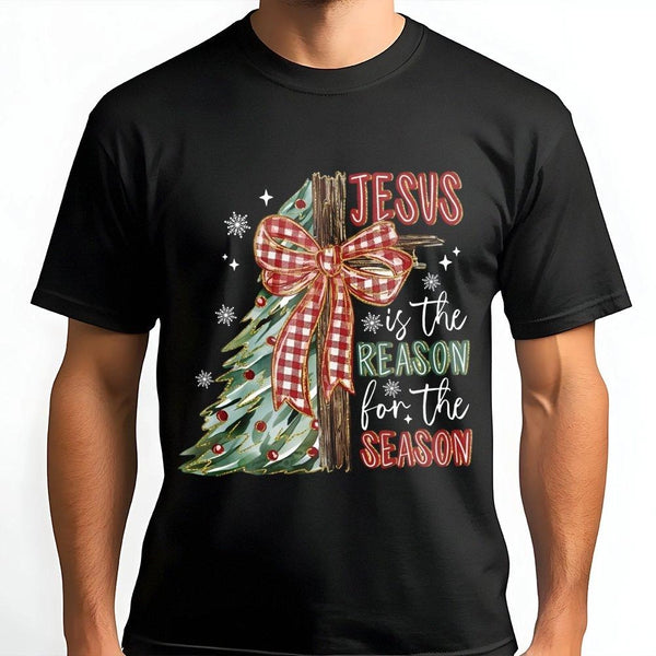 Retro Christmas Plaid Bow Tee, Jesus Is the Reason for the Season T-Shirt, Religious Christian Holiday Shirt, Faith Xmas Grap