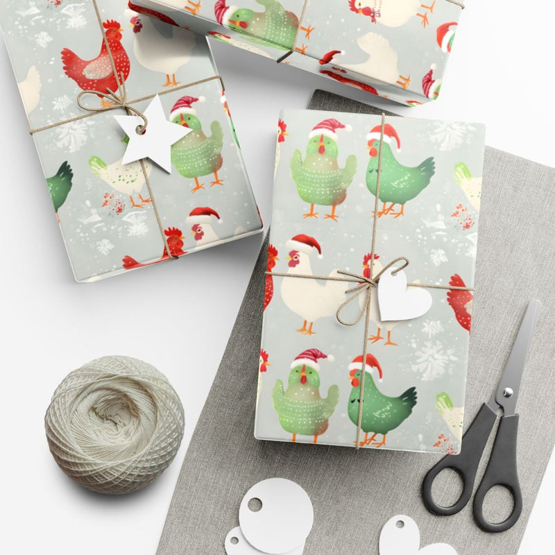 Santa Hat Rooster Gift Wrap, Christmas Chicken Wrapping Paper, Farmhouse Holiday Wrapping Paper, Humorous Animal Gift Wrap, Xmas Present Paper