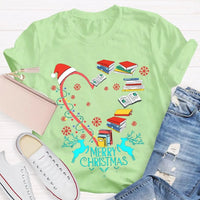 Heart Graphic Tee, Christmas Books Santa Hats Snowflakes T-Shirt, Bookish Holiday Shirt, Adorable Reader Xmas Present