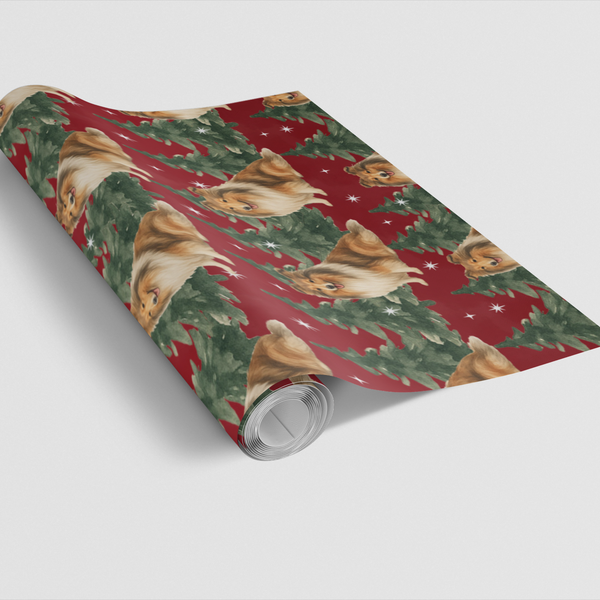 Winter Pine Forest Holiday Gift Wrap, Collie Dog Christmas Wrapping Paper, Festive Dog Present Paper, Pet Lover Xmas Wrapping
