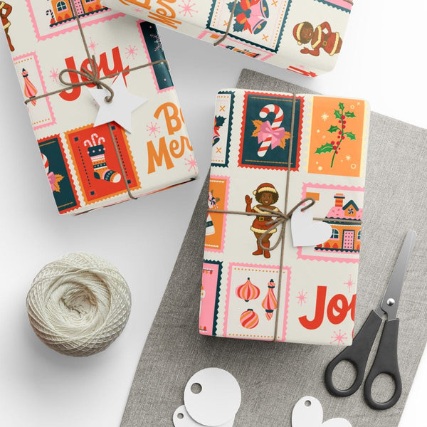 Retro Stamp Christmas Gift Wrap Roll, Black Santa Girl Wrapping Paper, Melanin Santa Holiday Wrapping Paper, Festive Present 