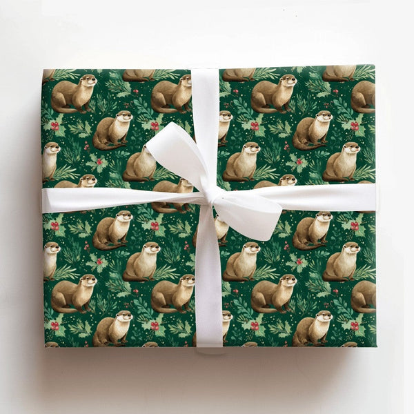 Dark Green Woodland Animal Wrapping Paper, Otter Christmas Holly Wrapping Paper, Adorable Otter Holiday Wrapping Paper, Natur