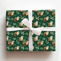 Dark Green Woodland Animal Wrapping Paper, Otter Christmas Holly Wrapping Paper, Adorable Otter Holiday Wrapping Paper, Nature Lover Gift Wrap