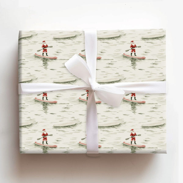 SUP Christmas Gift Wrap, Coastal Santa Paddleboard Wrapping Paper, Watercolor Nautical Holiday Wrap, Festive Seasonal Wrappin