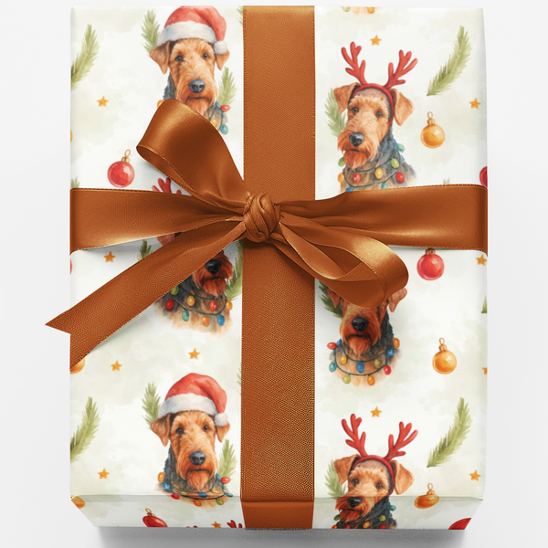Antler Santa Hat Dog Gift Wrap, Airedale Terrier Christmas Wrapping Paper, Festive Puppy Holiday Wrapping Paper, Dog Lover Pr