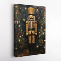 Christmas Tree Canvas Print, Gold Nutcracker Canvas Art, Festive Holiday Wall Art, Impasto Winter Art, Holiday Decor Canvas Wall Art