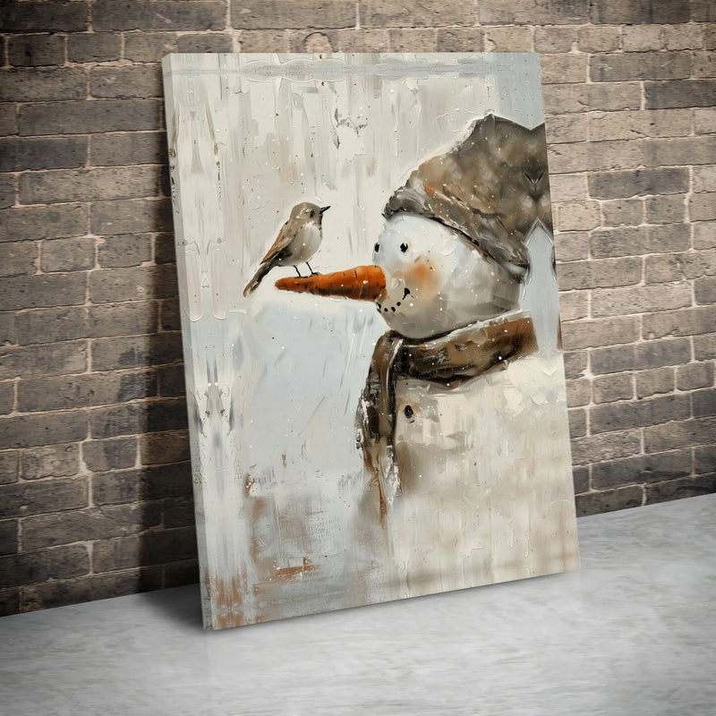 Rustic Winter Oil Painting Poster, Snowman and Bird Canvas Wall Art Print, Farmhouse Christmas Holiday Decor, Digital Download Present