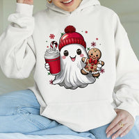 Gingerbread Man Winter Hooded Sweatshirt, Adorable Christmas Ghost Hoodie, Comfy Spooky Xmas Pullover, Kawaii Holiday Ghost Sweatshirt Present