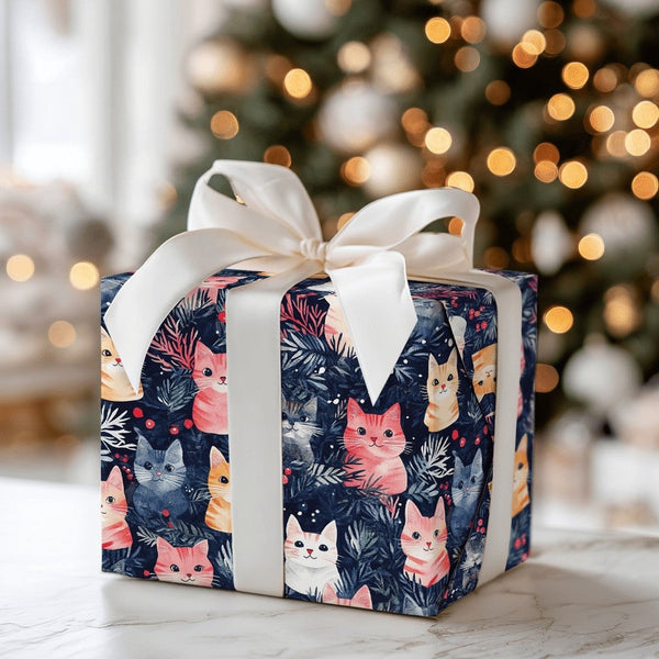 Watercolor Kitten Gift Wrap, Christmas Cat Wrapping Paper, Festive Holiday Wrapping Paper, Navy Winter Gift Wrap, Cat Lover P