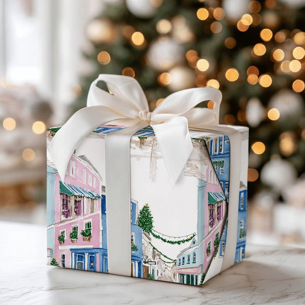 Snowy Winter Street Wrapping Paper, Watercolor Christmas Village Gift Wrap, Festive Village Scene Gift Wrapping Paper, Holida