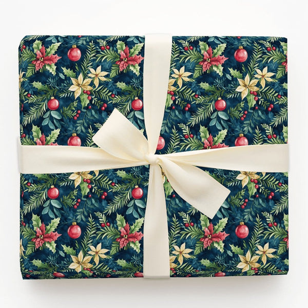 Gold Ornament Holiday Gift Wrap, Navy Poinsettia Christmas Wrapping Paper, Botanical Winter Wrapping Paper, Festive Floral Gi