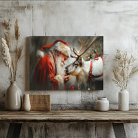 Christmas Santa Claus Reindeer Print, Santa Claus and Reindeer Canvas Wall Art, Comfy Holiday Santa Wall Decor, Winter Scene Canvas