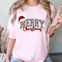 Merry Christmas Shirt, Leopard Santa Hat Christmas T-Shirt, Leopard Print Christmas Tee, Festive Santa Hat Graphic Shirt, Holiday Present Tee