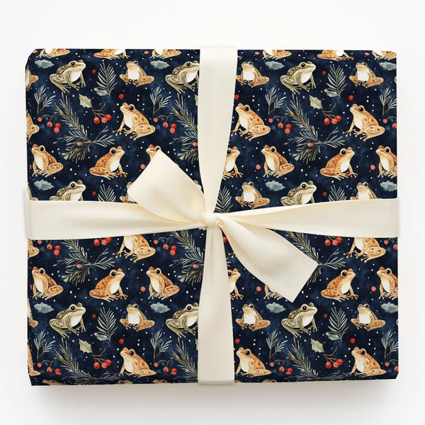 Botanical Nature Holiday Gift Wrap, Watercolor Frog Wrapping Paper, Christmas Frog Wrapping Paper, Winter Holly Berry Floral 