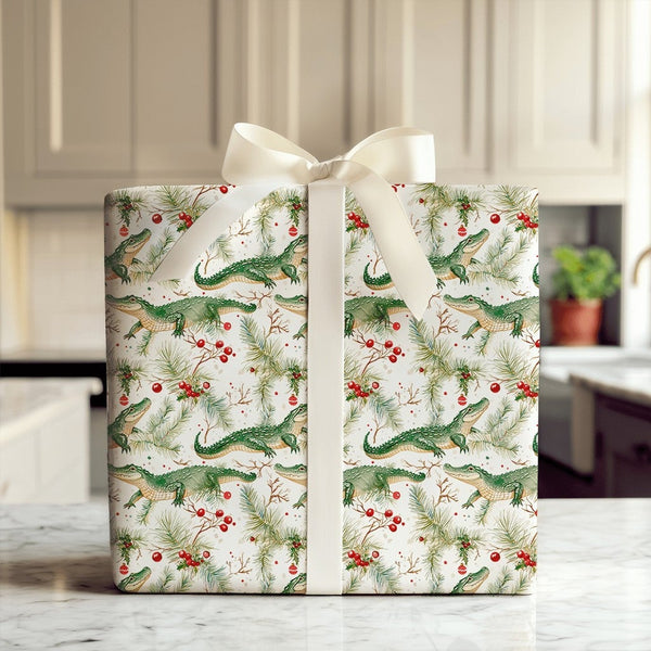 Gator Holiday Gift Wrap, Alligator Christmas Wrapping Paper, Winter Reptile Wrapping Paper, Pine Holly Gift Wrap, Adorable Ga