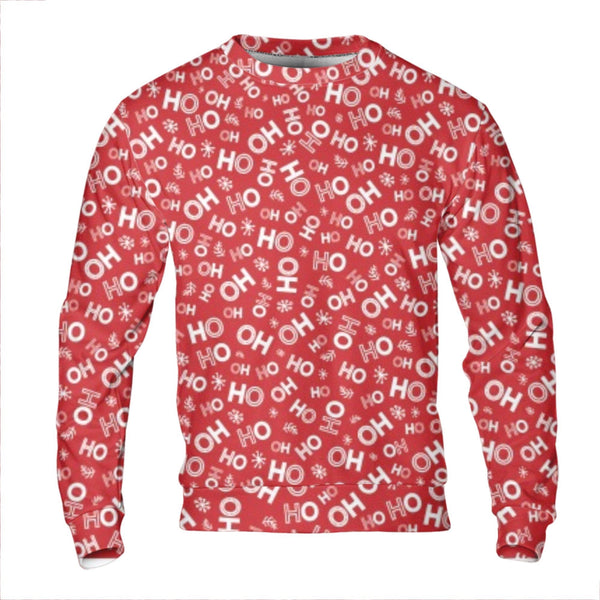 Red All Over Print Holiday Sweatshirt, Ho Ho Christmas Sweatshirt, Festive Xmas Pattern Sweatshirt, Ugly Christmas Party Crew