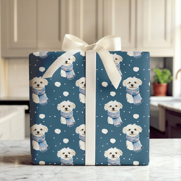 Snowy Puppy Holiday Christmas Gift Wrap, Maltese Winter Scarf Wrapping Paper, Adorable Fluffy Dog Wrapping Paper