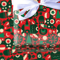 Modern Folk Art Gift Wrap, Geometric Christmas Wrapping Paper, Abstract Tree and Star Wrapping Paper, Red Scandinavian Xmas Gift Wrap Roll