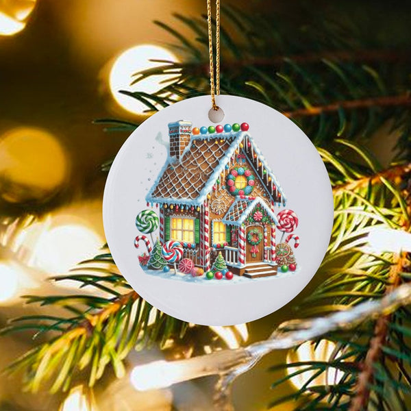 Candy Cane Holiday Ornament, Gingerbread House Christmas Ornament, Ceramic Xmas Tree Ornament, Round Sweet Treats Keepsake, S
