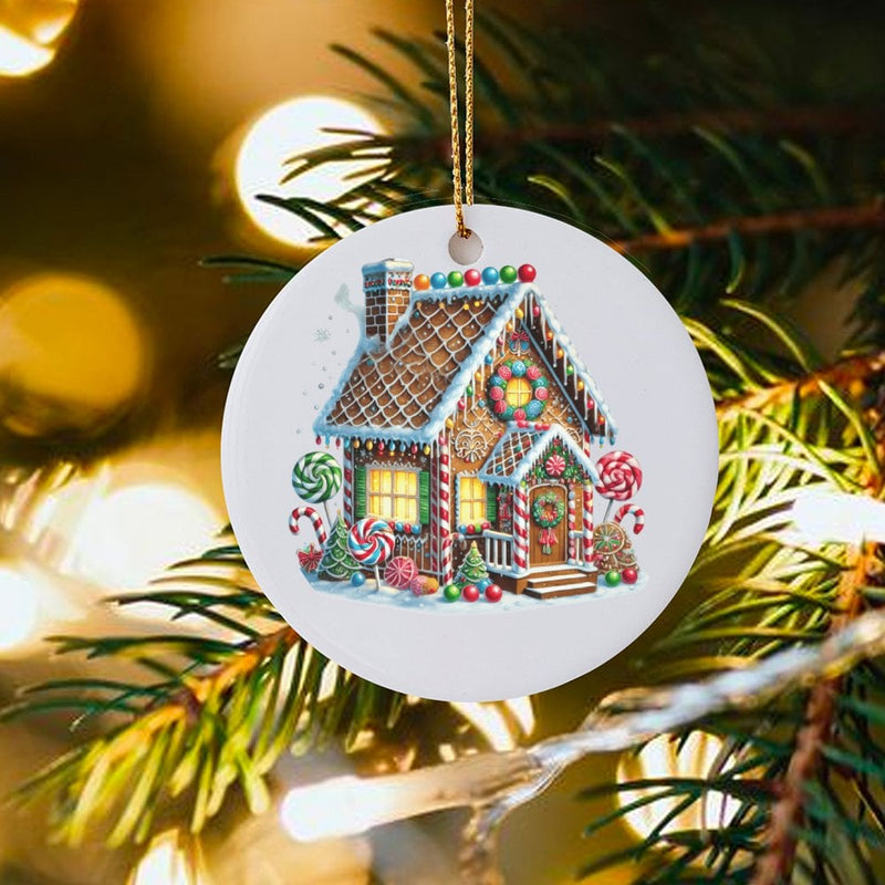 Candy Cane Holiday Ornament, Gingerbread House Christmas Ornament, Ceramic Xmas Tree Ornament, Round Sweet Treats Keepsake, Seasonal Present