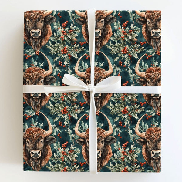 Farmhouse Holly Berry Gift Wrap, Highland Cow Christmas Wrapping Paper, Rustic Holiday Wrapping Paper, Xmas Animal Gift Wrapp