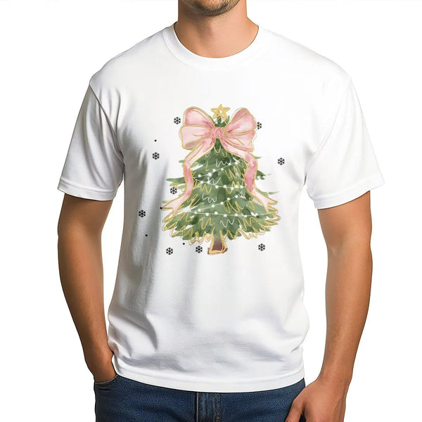 Watercolor Bow Holiday T-Shirt, Coquette Christmas Tree Shirt, Coquette Xmas Graphic Tee, Trendy Christmas Tee, Winter Holida
