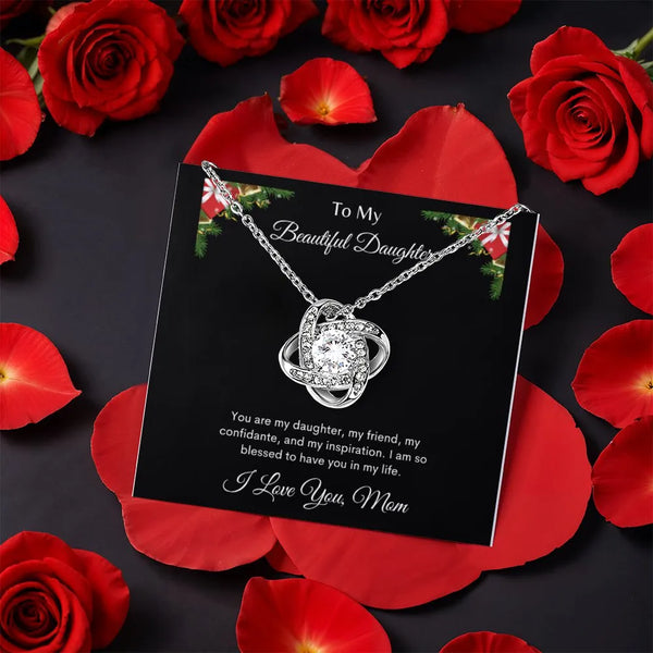 CZ Crystal Pendant Necklace, Daughter Love Knot Necklace from Mom, Rotating Rose Box Love Knot Necklace, Christmas Birthday J