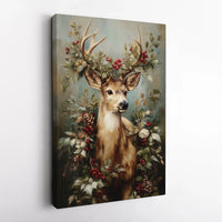 Festive Woodland Stag Portrait Print, Christmas Deer Canvas Wall Art, Holly Berries Pinecones Canvas, Holiday Art Digital Download
