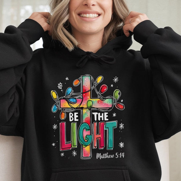 Matthew 5 14 Scripture Hooded Sweatshirt, Be the Light Christian Hoodie, Faith Cross Pullover Hoodie, Religious Christmas Pre