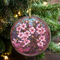 Floral Art Christmas Ornament, Stained Glass Cherry Blossom Ceramic Ornament, Elegant Botanical Tree Ornament, Nature Lover Present Decor