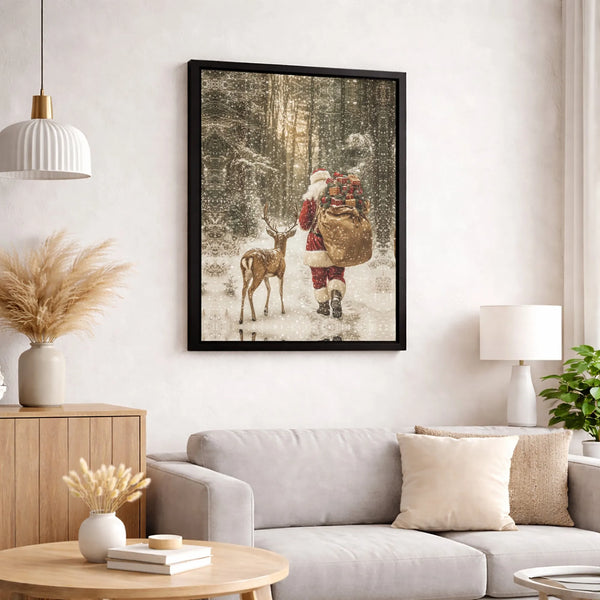 Snowy Winter Forest Canvas Art, Santa Claus and Reindeer Canvas, Festive Christmas Wall Art, Holiday Season Canvas Print, Xma