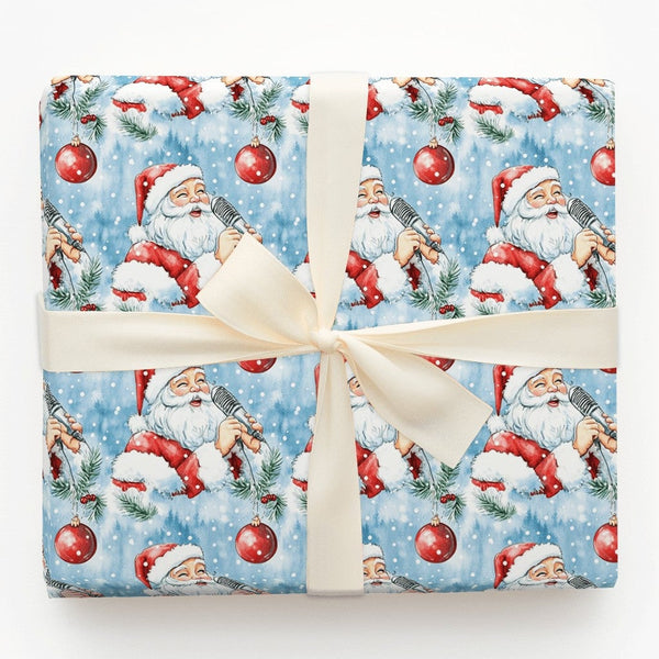 Vintage Microphone Santa Gift Wrap, Singing Santa Wrapping Paper, Musical Christmas Wrapping Paper, Festive Holiday Present G