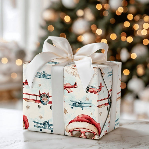 Cool Sunglasses Santa Gift Wrap, Aviator Santa Wrapping Paper, Vintage Airplane Santa Christmas Paper, Retro Aviation Gift Wr