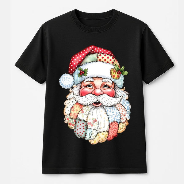 Retro Quilt Pattern Christmas Shirt, Patchwork Santa Claus T-Shirt, Vintage Santa Holiday T-Shirt, Festive Xmas Tee, Winter H