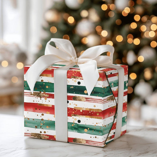 Red Green Gold Stripe Gift Wrap, Abstract Christmas Wrapping Paper, Watercolor Brush Strokes Gift Wrap, Polka Dot Holiday Pap