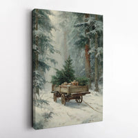 Snowy Forest Winter Scene Canvas, Vintage Christmas Tree Cart Canvas Print, Rustic Holiday Wall Art Canvas, Farmhouse Christmas Canvas Art