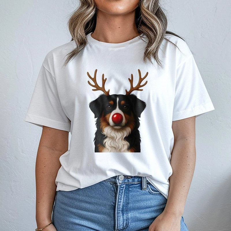 Reindeer Antlers Dog T-Shirt, Bernese Mountain Dog Christmas T-Shirt, Adorable Holiday Pup T-Shirt, Xmas Dog Lover Graphic Tee, Festive Present