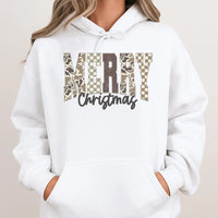 Trendy Camouflage Checkered Hoodie, Merry Christmas Camo Hoodie, Comfy Holiday Graphic Sweatshirt, Winter Festive Pullover Camo Hoodie