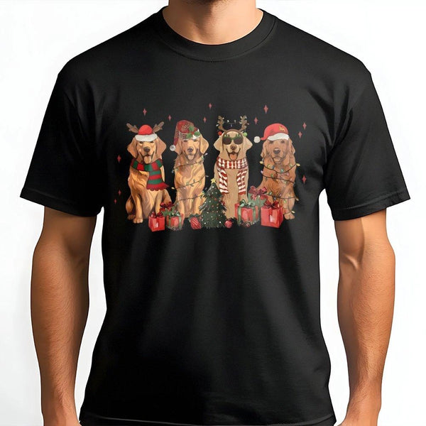Adorable Dogs in Santa Hats Graphic Tee, Golden Retriever Christmas T-Shirt, Festive Dog Lover Holiday Shirt, Pet Mom Winter 