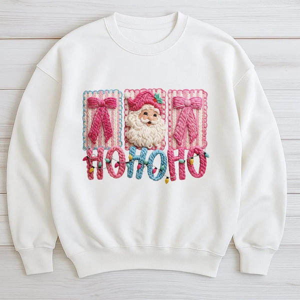 Faux Yarn Crochet Effect Crewneck, Santa Claus Christmas Sweatshirt, Retro Holiday Graphic Sweater, Comfy Winter Xmas Apparel