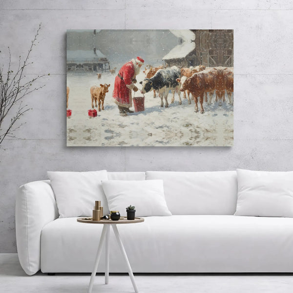 Snowy Farm Christmas Canvas Art, Santa Feeding Cows Canvas Print, Rustic Holiday Wall Decor, Winter Farmhouse Canvas, Country