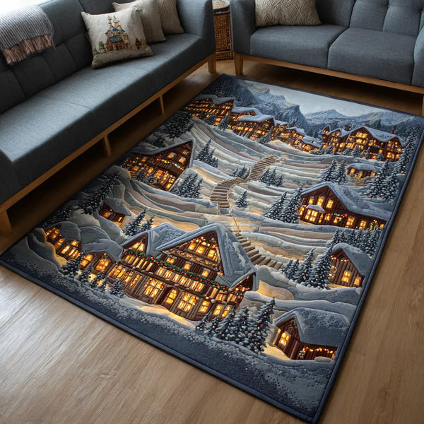 Snowy Village Winter Floor Mat, Frost Lane Christmas Area Rug, Non-Slip Machine Washable Xmas Carpet, Festive Seasonal Holida
