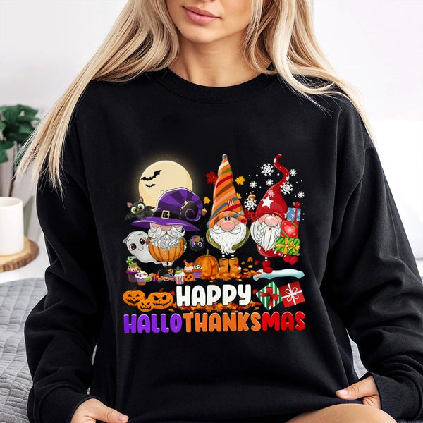 Adorable Gnome Holiday Sweater, Hallothanksmas Sweatshirt, Retro Halloween Thanksgiving Christmas Crewneck, Fall Holiday Pull